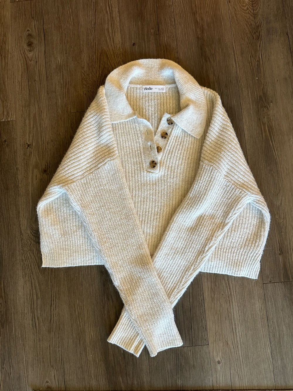 Elodie Cream Ribbed V‑Neck Button Polo Sweater